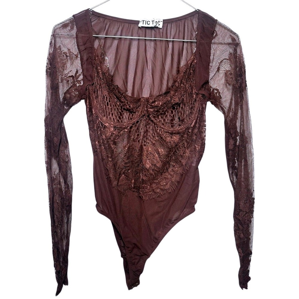 TIC TOC Brown Sheer Lace Long Sleeve Bodysuit Corset Style Women's Size S